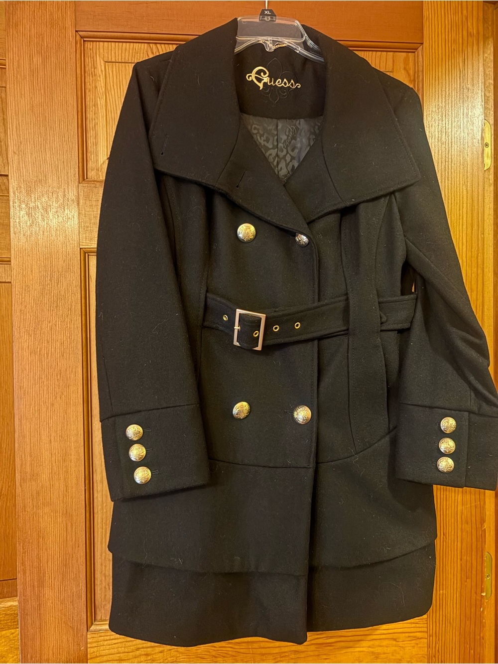 Guess Black Double-Breasted Wool-Blend Belted Peacoat with Gold Buttons